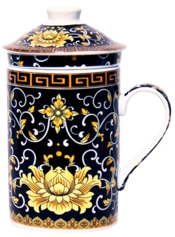 Tasse à thé en céramique avec couvercle et passoire pour thé en vrac - Motif asiatique (nénuphar jaune, 497) - Tasse chinoise japonaise pour les amateurs de thé - Porcelaine - Cadeau asiatique