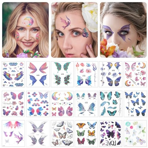 18 Blatt Schmetterlings Tattoos Sticker Mädchen Glitzer Schmetterling Temporäre Tattoos Karneval Halloween Maskerade Aufkleber Bunte Gesicht Schmetterlings Tattoos für Augen Körper Cosplay