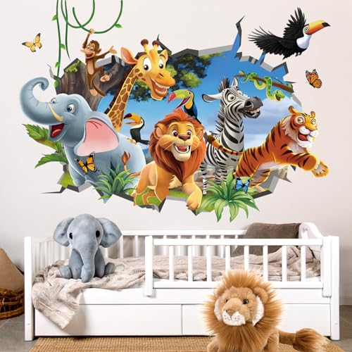 decalmile Stickers Muraux Animaux de la Jungle 3D Autocollant Mural Safari Éléphant Girafe Tigres Décoration Murale Chambre Enfants Bébé Pépinière Chambre Enfants