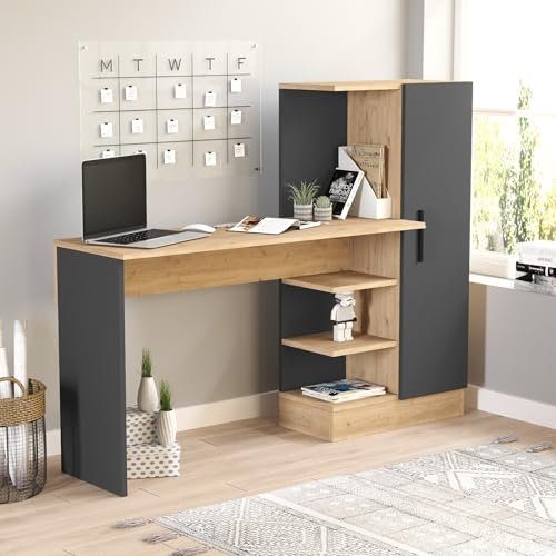 [en.casa] Bureau Design Intemporel avec Armoire Intégrée Coin Télétravail Table d'Étude avec Compartiment de Rangement Panneau de Particules 120 x 153 x 40 cm Effet Chêne Anthracite