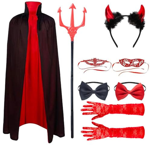 Costume da Diavolo, Costumi Halloween Donna Diavolo, Costume di Halloween da Donna, Mantello del diavolo con Forcella da Demonio, Vestito Halloween Donna Demonio con Corna da Demonio (B)