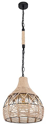 GLOBO LIGHTING Pendellampe Hängeleuchte Esszimmer Hanfseil Deckenlampe Metall Kugelleuchte, Metall schwarz braun, 1x E27, DxH 30x135 cm