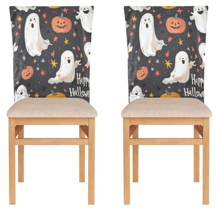 GAIREG Parson Stuhlhussen mit niedlichem Happy Halloween, Grau, 2er-Set, Stuhlhussen für Esszimmerstühle, Stuhlrückenbezüge für Esszimmerstühle
