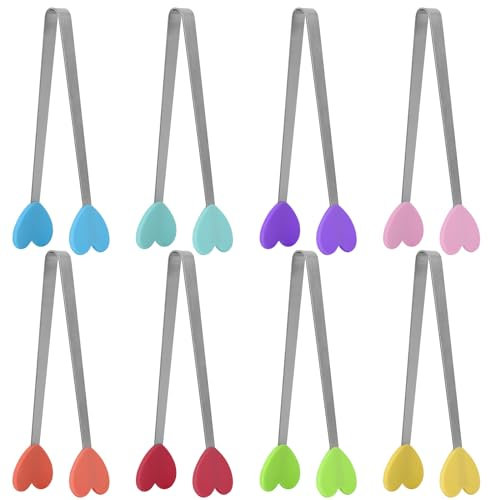 Lot de 8 mini pinces en silicone de 14 cm pour servir de la nourriture, la cuisine, les apéritifs, les glaçons, les fruits, le sucre (en forme de cœur)