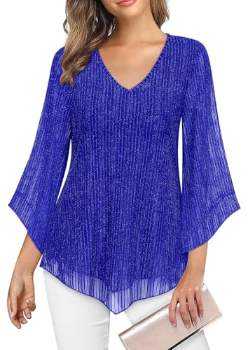 Gemulate Ladies Black 3/4 Sleeves Tops - Evening & Party Tops for Women - UK Long Blouse with Half Sleeves - Blue Stripes, L