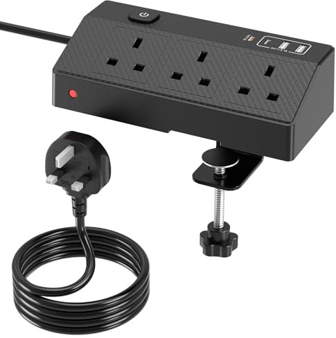 Desk Extension Lead 1.8M, HAFINO PD 20W Fast Charging Power Station, 3 Way Power Socket with Switch, Desk Socket for Home Office(Black)