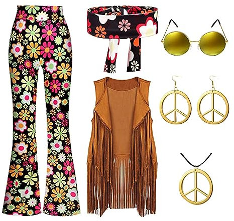 70er Jahre Hippie Outfit Damen Set, Faschingskostüme Frauen Braun mit Fransenweste Und Schlaghose, Indianer Kostüm Cowboy Cowgirl Weste Karneval Kleidung Damen Accessoires Bekleidung Disco Party