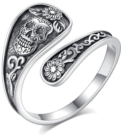 INFUSEU Totenkopf Löffel Ring, Gothic Löffel Bouge 925 Sterling Silber Halloween Skelett und verstellbarer Löffel Schmuck Vintage Geschenke für Frauen Männer