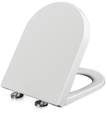 Soft Close Toilet Seat, Soft Close White D Shape Toilet Seat with Quick Release for Easy Clean, Toilets Seats with Dual Fixing Stainless Adjustable Hinges,Standard 460mm x 360mm Size,Easy Installation