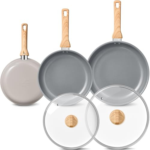 BLAZANT Keramik Pfannenset Induktion, 5-teilig Antihaft pfanne 20/24/28 cm | Gesundes Bratpfannen Set mit Glasdeckel, Ergonomische und hitzebeständige Bakelitgriffe für Familienküche, für alle Herdarten