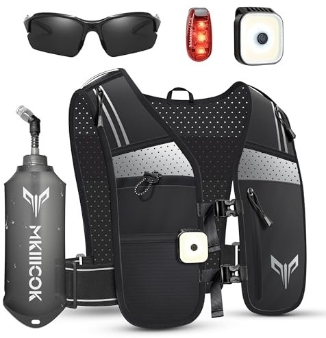 LED Laufweste für Damen und Herren, Laufweste mit Trinkflasche, Leichtes und Atmungsaktives Design mit 360° Reflektoren, Praktische Handyhalterung, Perfekt für Joggen & Dunkelheit
