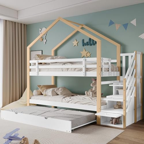 NovaFurnish Litera, cama nido en el árbol, cama deslizante, escalera con 3 cajones, cuna con protección contra caídas y barandilla, con somier, color natural y blanco (90 x 200 cm y 90 x 190 cm)