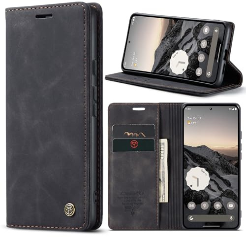 Phernykas Handyhülle für Google Pixel 10 / Google Pixel 10 Pro Hülle, Premium Lederhülle Weiches Vintage-Nubukleder, Klapphülle mit kartenfach und Standfunktion Schutzhülle Flip Book Case (Schwarz)
