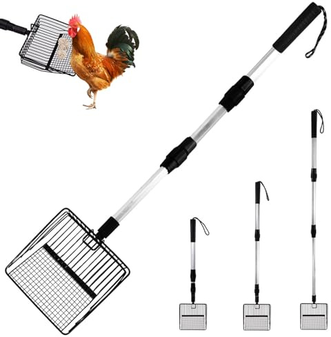 Hühnerstall Zubehö, 106cm Einstellbare 3 in 1 Siebschaufel | Multifunktionale Metall Hühnerkotschaufel Reinigungswerkzeug für Hühnerstall, Chicken Poop Scooper (Schwarz)