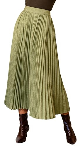 Damen Satin Rock Plissee Maxi High Waist mit elastischem Bund A-Linie Glänzend Elegant Abend Partyrock Grün L