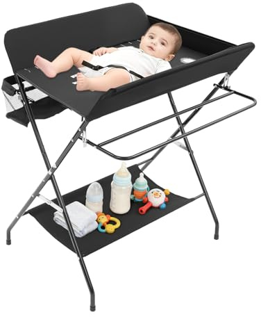 Owneed Station à langer pour bébé, pliable, avec ceinture de sécurité, support, panier latéral et porte-serviettes, capacité de charge de 15 kg, pour bébé de moins de 12 mois, noire