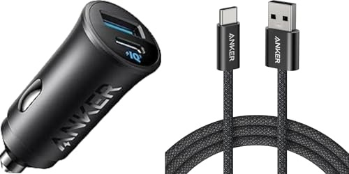 Anker Car Charger&USB-C Charger Cable(1m Nylon 18W), 30W 2-Port USB C Car Adapter with PowerIQ 3.0, For iPhone 17/16/15/14/13 Series, Galaxy S23/S22/S21, iPad Pro, AirPods, and More