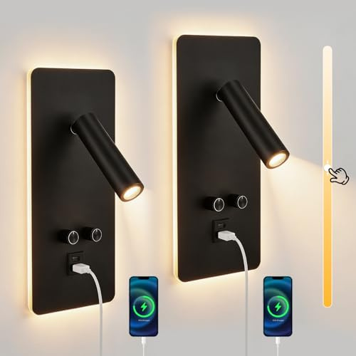 Eirolace 2Pcs Liseuse Applique Murale LED avec Interrupteur, Port USB et Type C, Liseuse de Chevet Dimmable en continu, 3W+9W 3000K Moderne Li-seuse Murale Chambre pour Chambre Salon Hôtel Lire(A)