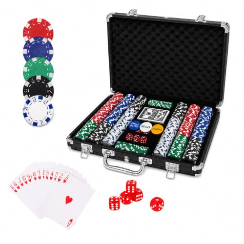 PLAYWUS Pokerkoffer mit 500 Laserchips, 2 Pokerdecks, 3 Buttons, Poker Komplettset, schwarzer Aluminiumkoffer, Größe wählbar, für Familie, Party, Reise, Casino
