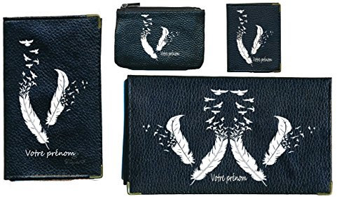 Syl'la Parure 4 pièces en Cuir Noir Porte chéquier Porte Carte Grise Porte Carte Porte Monnaie Plume Blanche personnalise avec Votre prenom