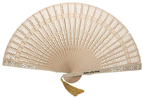 FANSOF.FANS Mother of the Bride Quote Printed Wedding Hand Fan Hollow-Out Carved Patterns Engraved Wooden Fans with a Tassel Including an Organza Bag (SWLMB)