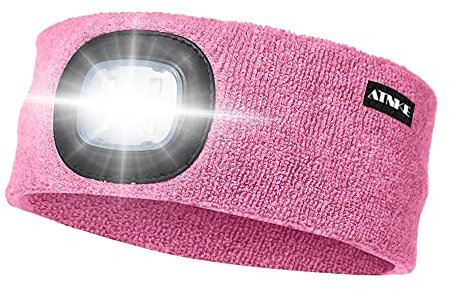 ATNKE LED Beleuchtetes Stirnband, Wiederaufladbare USB Lauf Stirnbänder mit Licht Extrem Heller 4 LED Lampe Winter Warme Stirnlampe für Herren und Damen Geschenke/Pink