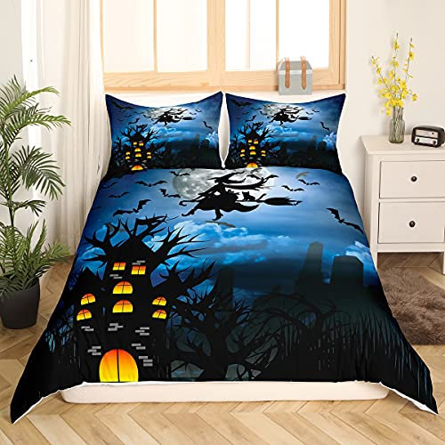 Halloween-Bettwäsche-Set, Motiv: Horror-Hexe, schwarzes Fledermaus-Bettwäsche-Set, Einzelbett, Vollmond, Nacht, Spukhaus, Bettbezug für Kinder, Jungen, Mädchen, gruselige Halloween-Landschaft,