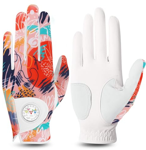 FINGER TEN Stylish Golf Gloves Women with Ball Marker 1 Pack for Left or Right Hand, Breathable Glove with Fashion Patterns for Ladies Right Left Handed Golfer (Full-Orange, Medium, Left)