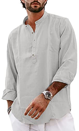 YAOBAOLE Men Casual Button Up Henley Shirt Long Sleeve Men Shirt Cotton Work Beach Yoga Shirt Light Gray M