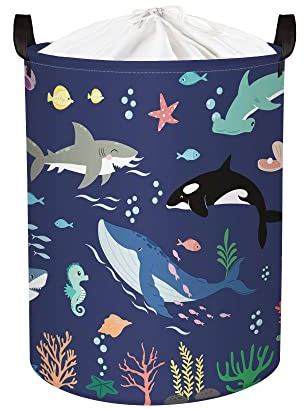 Clastyle 45L Blau Ozean Tier Hai Kinder Wäschekorb für Schlafzimmer Faltbar Rund Qualle Schildkröte Aufbewahrungskorb für Kleidung Spielzeug, 36x45 cm