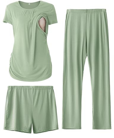 SUNNYBUY Ensemble Pyjama de maternité pour Femme, t-Shirts à Manches Courtes, Short et Pantalon de Grossesse 3 pièces PJS, Gris/Vert, M
