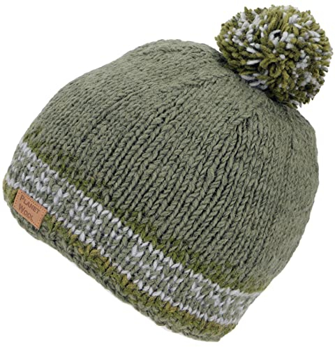 GURU SHOP Bommelmütze aus Nepal, Mütze aus Schurwolle, Wintermütze - Olivgrün, Herren/Damen, Synthetisch