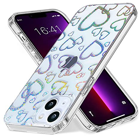 Efitoo for iPhone 14 Plus/iPhone 15 Plus Case Clear Glitter Hearts Design Laser Holographic Rainbow Heart Love Sparkle Cute Bling Stars Hard PC & TPU Shockproof Protective Women Girl's Phone Cover