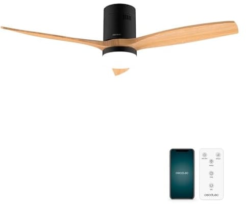 Cecotec Ventilador de Techo con Luz EnergySilence Aero 5600 Aqua Black&LightWood Connected. 40W y 52”, Wifi, Mando, Protección IP44, Luz, 6 Velocidades, 3 Aspas, Modo winter-summer, Temporizador 8h