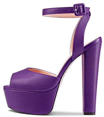 NobleOnly Donna Chunky Blocco Alto High Piattaforma Tacco Heel Aperte sulla Punta Cinturino alla Caviglia Slingback da Matrimonio Sandali Viola A 37 EU