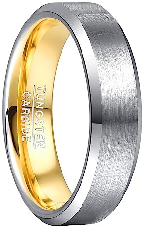 NUNCAD 6mm Anello Semplice da Uomo Anello in Tungsteno Argento+Oro Fede Bicolore con Bordi Smussati Taglia 19.5