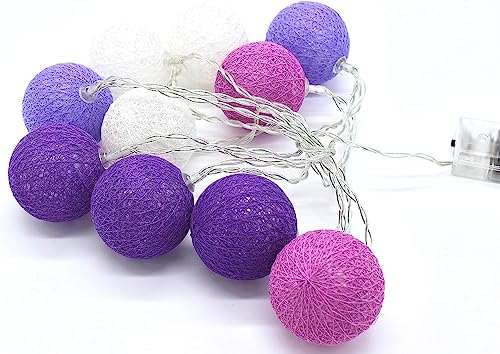 LED Lichterkette Cottonballs Cotton Balls in Lila 10 tlg, Cotton Ball Lichterkette, 2m LED Kugeln Lichterkette Innen Lichterkette Baumwollkugeln für Schlafzimmer, Hochzeit, Party, Festival
