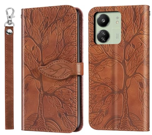 Rostsant Coque Xiaomi Redmi 13C/Poco C65 - Étui Portefeuille en Cuir PU Avec Arbre en Relief - Housse à Rabat Avec Fermeture Magnétique - Brun