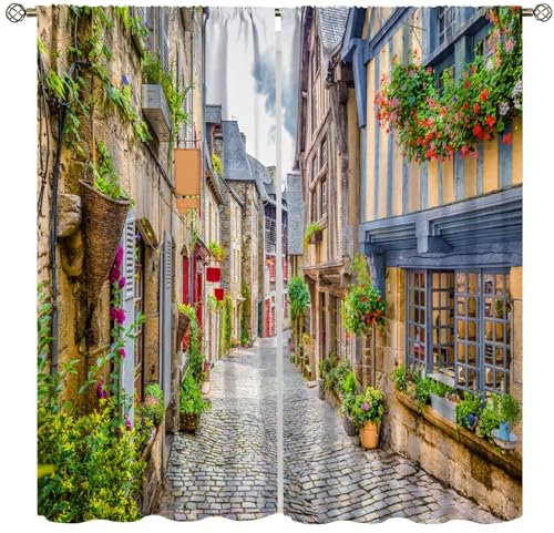 Italienische Vorhänge, Althof, Rom, Italien, Café, Stühle, Stadt, historische Häuser auf der Straße, Wohnzimmer, Schlafzimmer, Verdunkelungsstange, Tasche, Fenstervorhänge, Set, 2 Paneele, 106 x 160