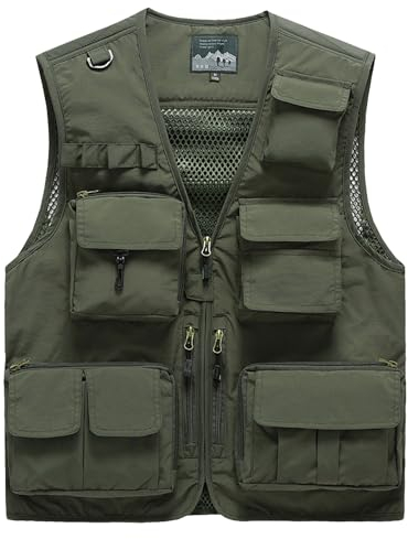Wirltte Mens Vests Cargo Outdoor Work Safari Hunting Fishing Travel Photo Mesh Waistcoat Vest Gilet Multi Pockets Army Green M