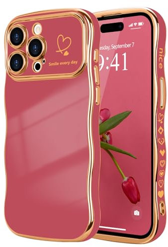 LCHULLE for iPhone 14 Pro Max Case for Women Girls,Cute Curly Wave Frame Shape Love Heart Pattern Phone Case,Raised Camera Protection Plating Shockproof Cover for iPhone 14 Pro Max 6.7,Faint Red