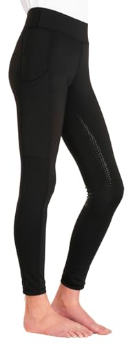 Kids Equestrian Riding Tights - Full Silicone Seat Grip - 4-Way Stretch Fabric - Dual Phone Pockets - Deep Elastic Waistband - Durable Polyester & Elastane Blend - Machine Washable - Black - 5-6YR