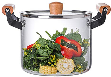 Ollas de Cristal Calentables para Cocinar con Mango de Madera,Olla de Vidrio Transparente para Restaurante de Cocina Casera,4.5l