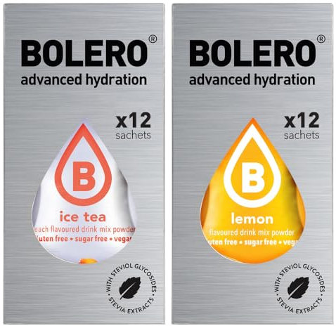 SET 24 BOLERO bustine da 3 grammi 12 Ice Tea Peach Pesca + 12 Lemon Limone Preparato istantaneo per Bevande con Stevia e Vitamina C e Senza Zucchero