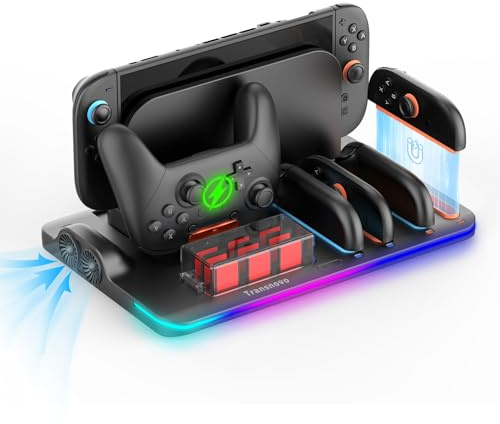 TRANSNOVO Switch 2 Ladestation Kompatibel mit Nintendo Switch 2 Joy Con & Pro Controller, Zubehör Docking Station mit 2 Lüftern und 9 Spielekarten-Slots, 9 RGB-Modi & LED-Anzeige