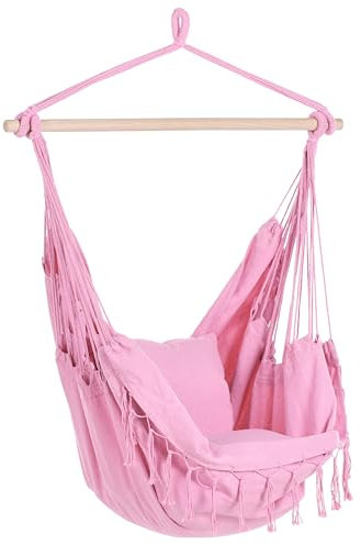 Brasilianischer Hängesessel Baumwolle/Buchenholz rosa mit Fransen Boho Bonea