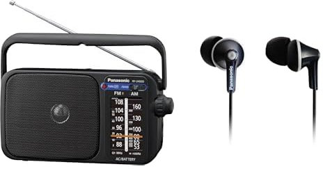 Panasonic Portable FM/AM Radio & Wired Earphones Bundle – Includes RP-HJE125 In-Ear Headphones and RF-2400DEB-K Battery-Operated Radio – Ideal for Travel, Outdoors, and Daily Listening