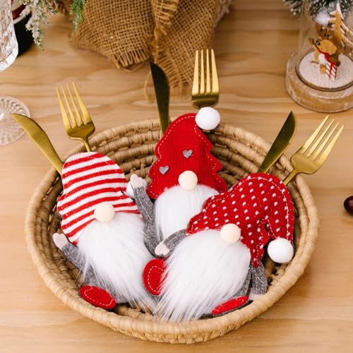 MSQ 3 Weihnachtsmann Weihnachts Wichtel Bestecktasche, Rot Besteckbeutel | Messer Gabeln Löffel Geschirr Besteck Taschen Santa Claus Tischdeko