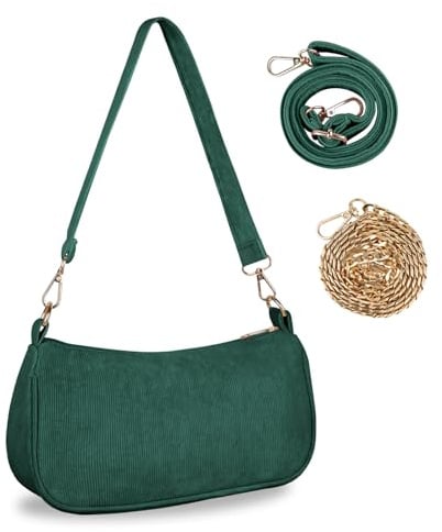 FITDON Handtasche Damen Klein Umhängetasche, Cord Hobo Bag Schultertasche Y2K Crossbody Bag Mini Retro Achsel Tasche mit 3 abnehmbaren Schultergurten, Grün