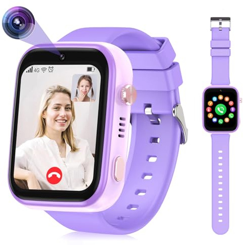 OKYUK Smartwatch Kinder 4G mit GPS-Tracker, Zwei-Wege-Anrufe, SOS, Smartwatch mit mehrere Desktop-Stile zur Auswahl für 6–12 Jungen und Mädchen (Lila)